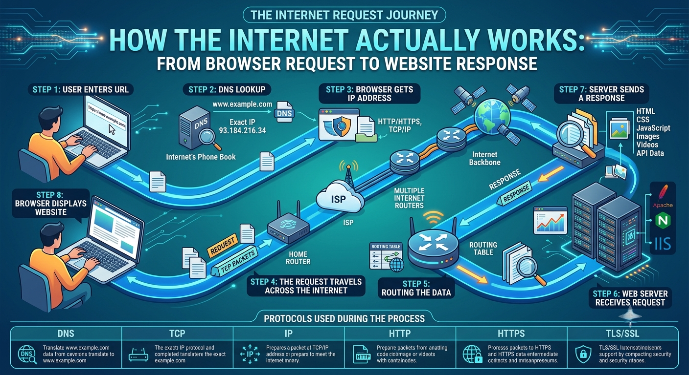 How the Internet Actually Works  From browser request to DNS lookup, routing, and server response.