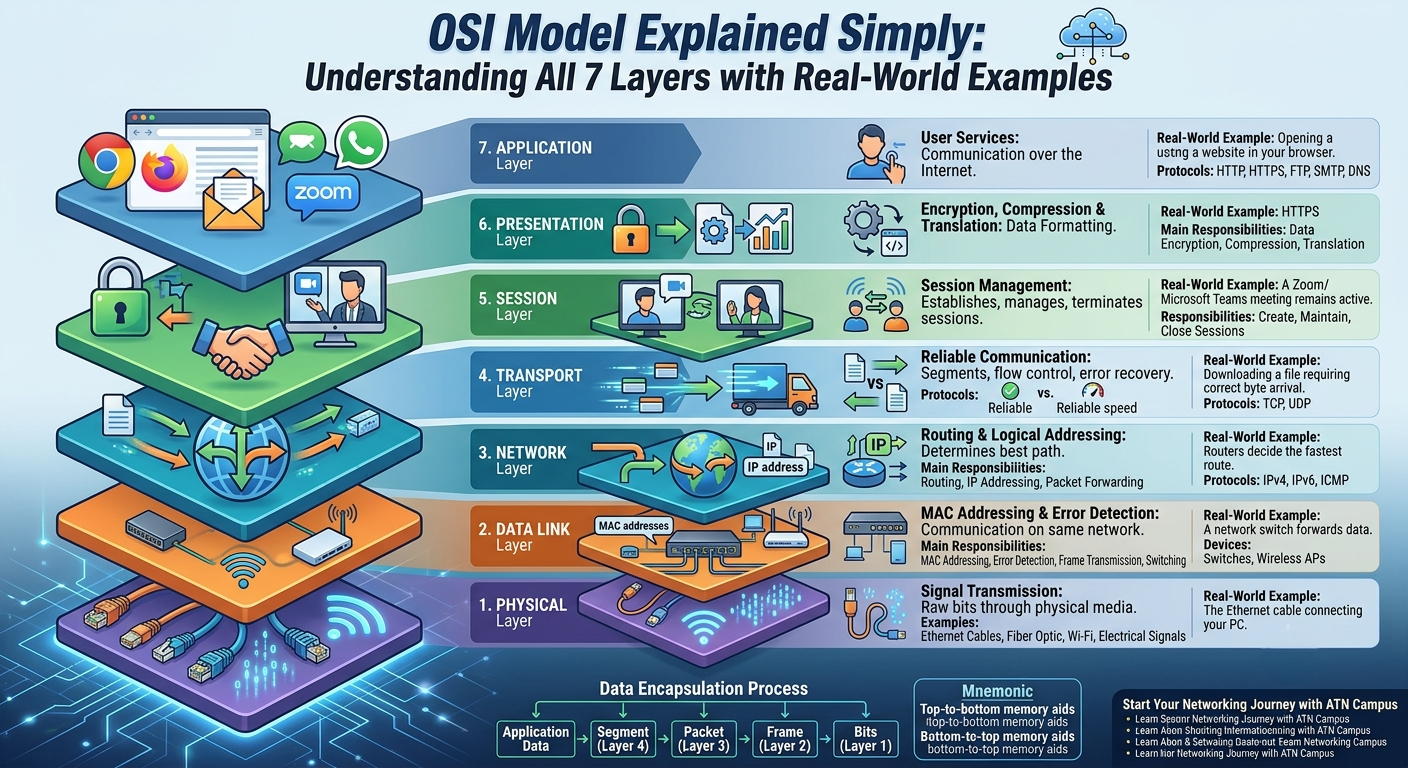 OSI Model Explained Simply  A practical explanation of all seven layers with real-world examples.